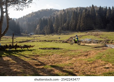 A motorcyclist rides through an open grassy field surrounded by dense forest, capturing the thrill of outdoor adventure. - Powered by Shutterstock