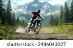 Motorcyclist rides through scenic forest trail with towering pine trees and majestic snow-capped mountains in background. Adventure and off-road motorsport. Concept of extreme sport, motorsport