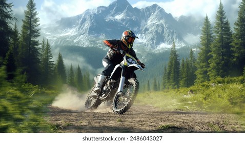 Motorcyclist rides through scenic forest trail with towering pine trees and majestic snow-capped mountains in background. Adventure and off-road motorsport. Concept of extreme sport, motorsport