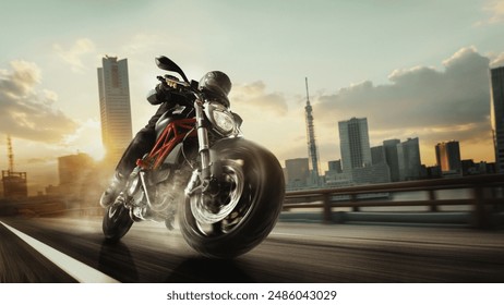 Motorcyclist speeds along city road at sunset, leaning into the curve with skyscrapers in the background. Excitement and freedom of motorsport. Urban setting, transportation, extreme hobby