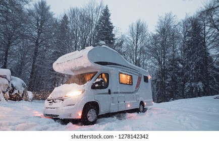 Motorhome Camper Van In The Nature, Nomad Van Life For Traveler In The Winter Holiday