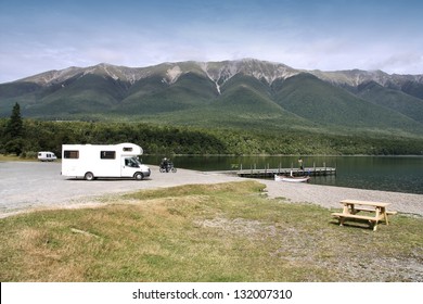 Motorhome In Nelson Lakes National Park, New Zealand. Recreational Vehicle.