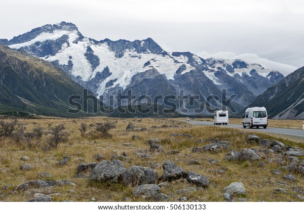 Motorhome on Mount Cook Road (State Highway 80)\
along the Tasman River leading to Aoraki / Mount Cook National Park\
and the village