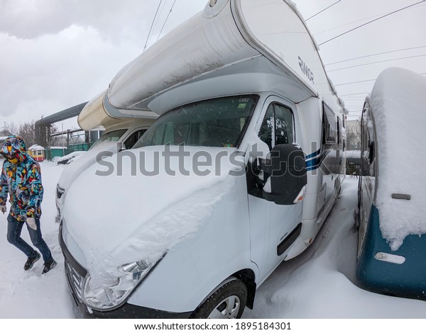 motorhome is parked in the parking lot. Mobile\
home rental or sale. Moscow\
01.16.2021