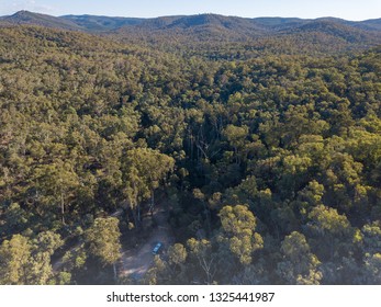 A Motorhome Parked In A Private And Secluded Australian Bush Camp Site. Next To Yackandandah In Victoria With Mountain Views And Forest.