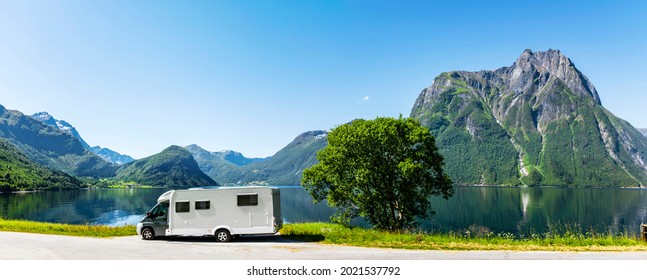 Motorhome in Scandianvia at a fjord