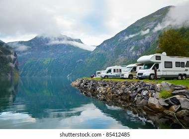 Motorhomes at campsite by the Geirangerfjord in Norway