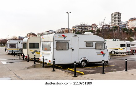 Motorhomes Parked At Motorhome Campground. Caravan Parking. Camper Trailers Parking Area.