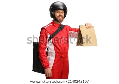 Motorist delivering food in a paper bag isolated on white background