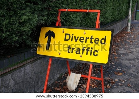Motorist warning sign for Diverted Traffic. reroute due to roadworks 