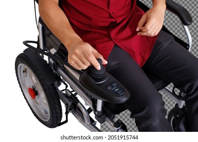 Motorized Electric Wheelchair For Senior Elder Patient. Elderly Woman Man Go Outside Home Hospital Use The Control Devices Of Wheel Chair Can Move On Their Own. Clipping Path White Background Isolated