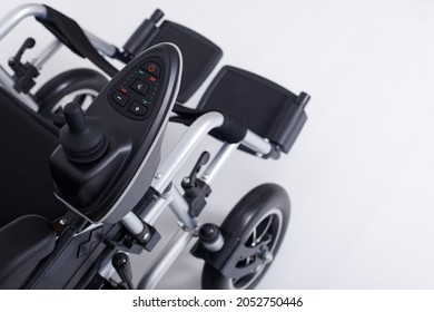 Motorized Electric wheelchair for senior elder patient who cannot walk, isolated. Elderly woman man go outside home hospital, free outdoor travel as disabled. clipping path white background