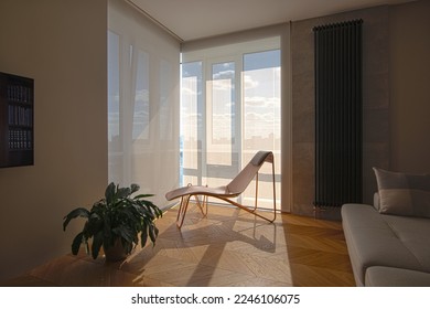 Motorized roller blinds in the interior. Automatic solar shades large size on the windows. Modern interior with a relax chair by the window. Electric sunscreen curtains for smart home. 