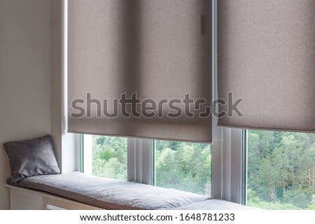 Motorized roller shades. Automatic roller blinds beige color on large windows. Remote Control Shades are near the sofa with the pillow. Sofa covered with pastel velours. Summer. Green trees outside.