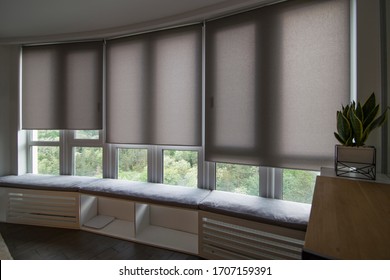 Motorized roller shades in the interior. Automatic roller blinds beige color on big glass windows. Home luxury curtaines are above the windosill with pillows. Summer. Green trees outside. - Shutterstock ID 1707159391