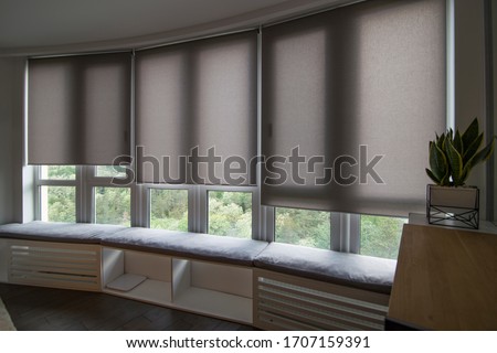 Motorized roller shades in the interior. Automatic roller blinds beige color on big glass windows. Home luxury curtaines are above the windosill with pillows. Summer. Green trees outside.