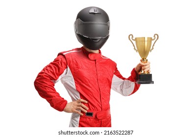 Motorsport racer with a helmet holding a gold trophy cup isolated on white background