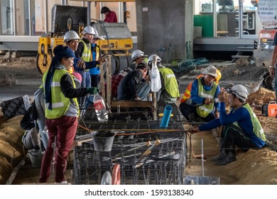 Motorway Construction Workers Rest In Bangkok, Thailand, 03/12/19