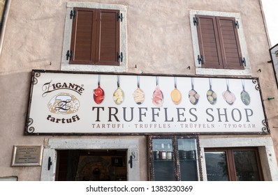 Motovun, Croatia, April 06. 2019.signboard Truffles Shop On Old House