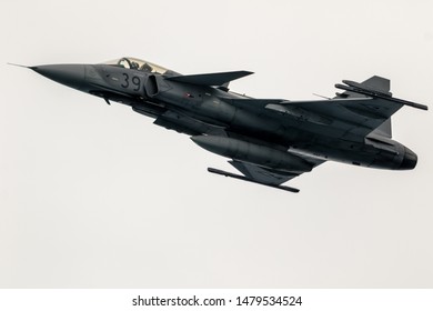 MOTRIL, GRANADA, SPAIN-JUN 10: Aircraft Saab Jas 39 Grippen taking part in a exhibition on the 12th international  airshow of Motril on June 10, 2017, in Motril, Granada, Spain