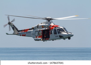 MOTRIL, GRANADA,  SPAIN-JUN 17: Helicopter Agusta Westland Helimer AW-139 taking part in an exhibition on the 13th airshow of Motril on June 17, 2018, in Motril, Granada, Spain