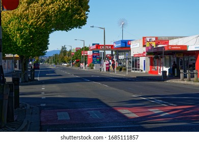 Motueka High Street, South Island, New Zealand, March 28 2020: Empty High Street In Motueka New Zealand As Businesses Close As A Response To Covid 19 Pandemic