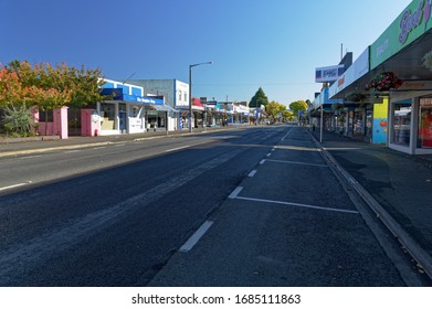 Motueka High Street, South Island, New Zealand, March 28 2020: Empty High Street In Motueka New Zealand As Businesses Close As A Response To Covid 19 Pandemic