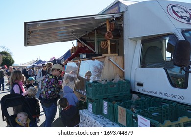 MOTUEKA, NEW ZEALAND - SEPTEMBER 1, 2019: Local People Are Buying Many Fresh Variety Of Sourdough Bread In Bakery Food Truck At Sunday Market In Motueka.