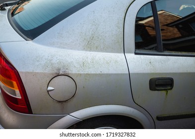 Mouldy Rusted Car Barn Find Old Car Covered In Moss And Algae Fuel Cap Stained And Marked Paintwork Body Parked Up Left To Rot Away Unloved Vehicle To Be Restored Terrible Ruined Bodywork On Silver 