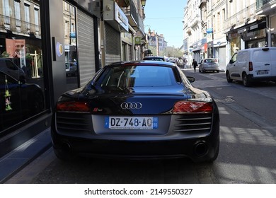 Moulins, France - 04 17 2022 : Audi R8 coupe, black 2-door German sports car, town of Moulins, Allier department, France