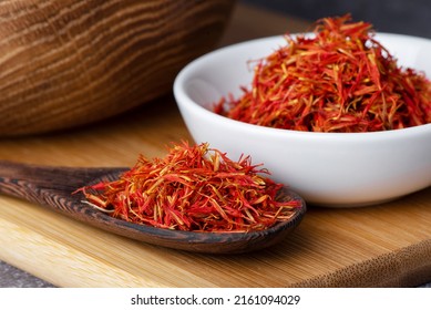 A Mound Of Red Saffron.
Dry Saffron Spice On  Background. Dry Saffron Flower.