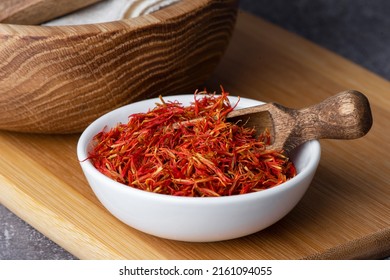 A Mound Of Red Saffron.
Dry Saffron Spice On  Background. Dry Saffron Flower.