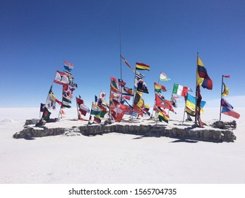 Mound Of Salt Decorated In International Flags, Uyuni Salt Flats, Bolivia