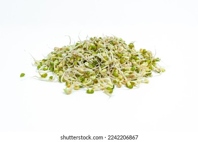 Mound of sprouted mung beans  (Vigna radiata) with small roots ofor eating. White background. Close up. Concept of diet, vegetarianism, vegan, healthy products and proper nutrition. Copy space. - Shutterstock ID 2242206867