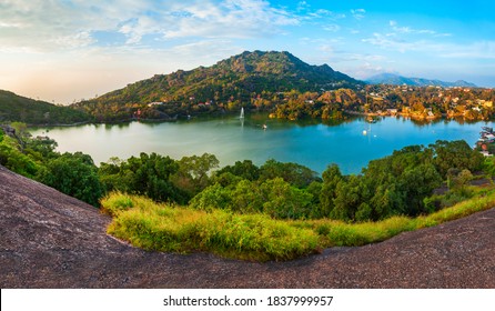 Mount Abu and Nakki lake aerial panoramic view. Mount Abu is a hill station in Rajasthan state, India. - Shutterstock ID 1837999957