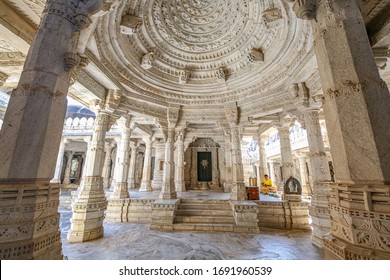 Mount Abu, Rajasthan, India, January 11,2020: Famous Dilwara temple interior architecture structure with stone artwork at Mount Abu, Rajasthan, India