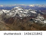 Mount Aconcagua in summer. Aerial view. Andes mountains in Argentina. The highest point of all the americas. January 2019.