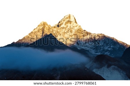 Mount ama Dablam, evening sunset view of mount Ama Dablam peak isolated on white sky background, Khumbu valley, Solu khumbu, Nepal Himalaya mountain