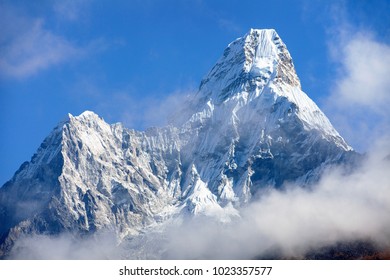 Mount Ama Dablam within clouds, way to Everest base camp, Khumbu valley, Sagarmatha national park, Everest area, nepalese himalayas, Nepal