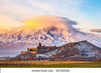 Mount Ararat in Armenia. Sunrise over Ararat in Armenia with Khor Virap Monastery