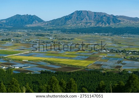Mount Aso and Rice Fields View from Daikanbo, Kumamoto Japan Landscape. Panoramic view of Mount Aso, rice fields, and Aso city seen from Daikanbo viewpoint in Kumamoto, Japan. The wide caldera landscape and rural scenery highlight agriculture, nature, and travel destinations in Kyushu.