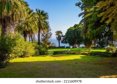 The Mount Bliss on the Sea of Galilee. Blooming park around the monastery. Catholic Church of the Beatitudes. Israel. The concept of religious pilgrimage and photo tourism