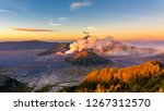 Mount Bromo volcano (Gunung Bromo) during sunrise from viewpoint on Mount Penanjakan in Bromo Tengger Semeru National Park, East Java, Indonesia.