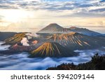 Mount Bromo volcano (Gunung Bromo) during sunrise from viewpoint on Mount Penanjakan, in East Java, Indonesia.