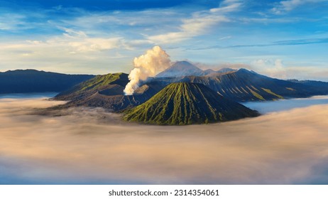 Mount Bromo volcano (Gunung Bromo) during sunrise from viewpoint on Mount Penanjakan in Bromo Tengger Semeru National Park, East Java, Indonesia. - Powered by Shutterstock