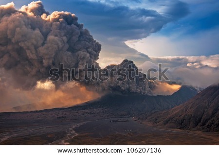 Mount Bromo volcano or Gunung Bromo during eruption in Bromo Tengger Semeru National Park, East Java, Indonesia.