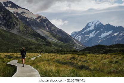 Mount Cook, Aoraki, New Zealand.

Young woman walking along a wooden path in the Mount Cook National Park. Beautiful views of marshland and snow topped mountains. - Shutterstock ID 2186709441