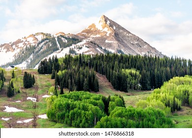 Mount Crested Butte Colorado Snow Peak In Summer With View Of Colorful Sunrise From Snodgrass Trail Mountain