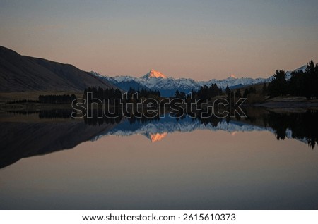 Mount D'Archiac idyllic remote rural countryside early morning golden hour purple red sky winter sunrise at Lake Camp, Southern Alps mountain landscape at Ashburton Lakes Canterbury New Zealand