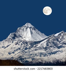 Mount Dhaulagiri From Thorung La Pass, Night View With Moon, Nepal Himalaya Mountain